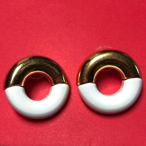 Vintage Monet Gold Tone and White Enamel Donut Shaped Pierced Earrings